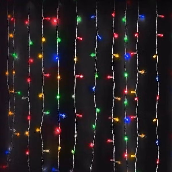 Luci decorative per tende, dimensioni 1x1 metro, RGB+giallo, alimentate con 3 batterie AA, ideali per occasioni festive