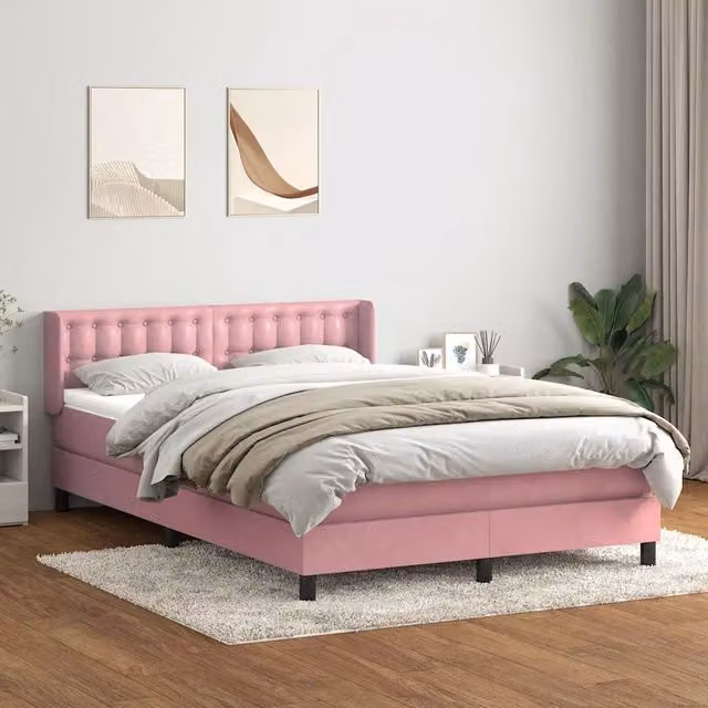 Letto Ibrido vidaXL con Giroletto a Molle e Materasso in Velluto Rosa e Bianco L: 147 cm, P: 213 cm, H: 88 cm – 1