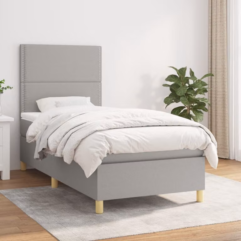 The Living Store Letto a molle con materasso grigio chiaro 100x200 cm in tessuto