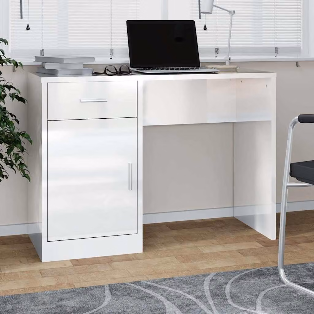 Scrivania da ufficio moderna vidaXL con cassetto, finitura bianco lucido, L 100 cm x P 40 cm x H 73 cm