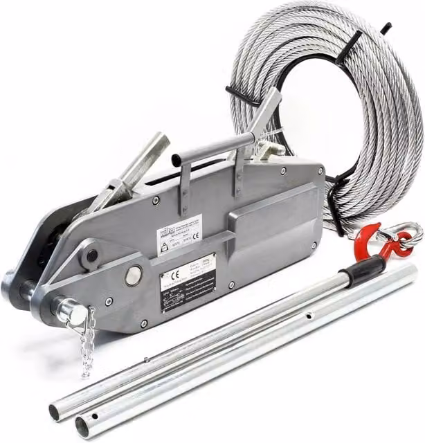 Verricello manuale in alluminio argento con cavo da 20 m e diametro 16 mm per trazione e sollevamento fino a 3200 kg