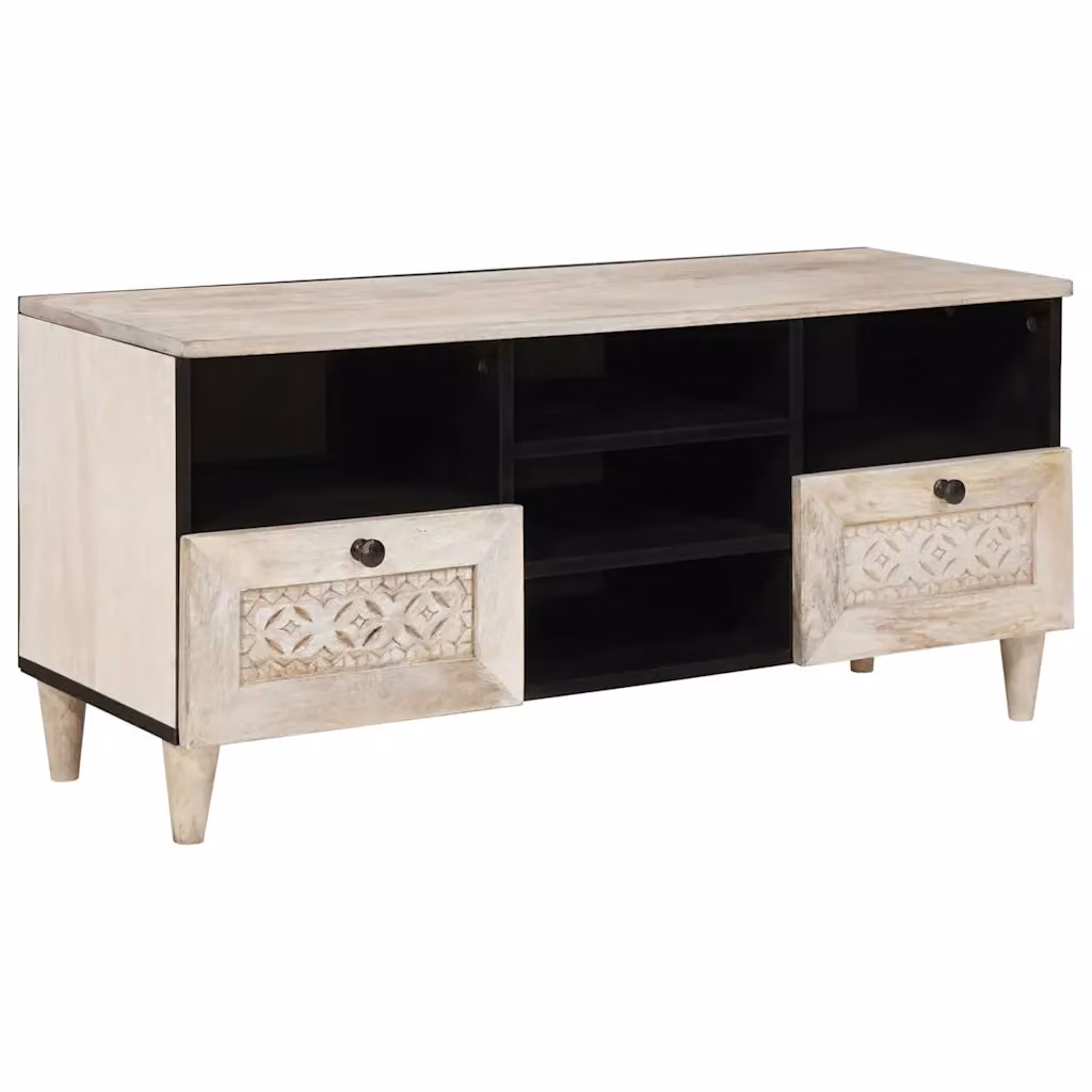 Mobile TV vidaXL con cassetto in legno di mango Bianco Sbiancato L: 100 cm, P: 33 cm, H: 46 cm