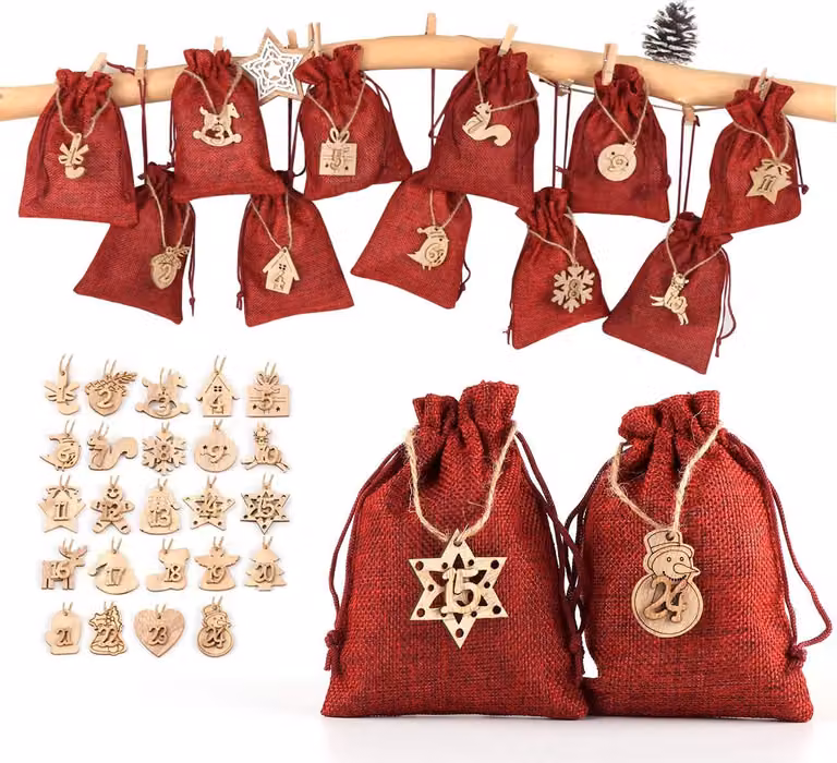 24 calendari dell'avvento da riempire, calendario dell'avvento in tessuto con 1-24 sacchi di iuta rosso