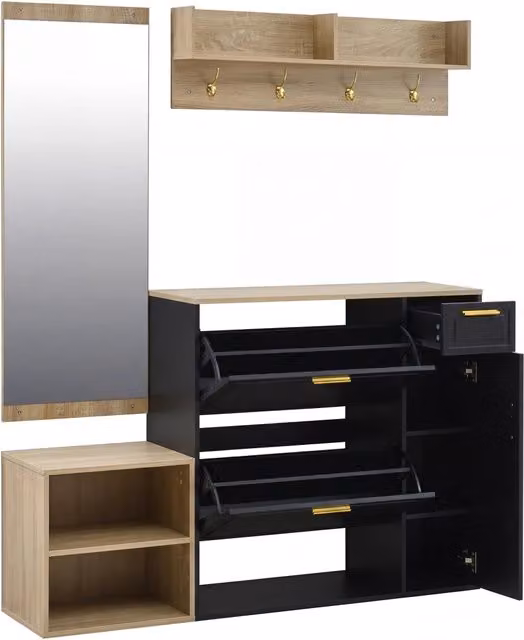 Mobile ingresso moderno con scarpiera, panca, appendiabiti e specchio, colore nero, L 130 x P 30 x H 174 cm – 1