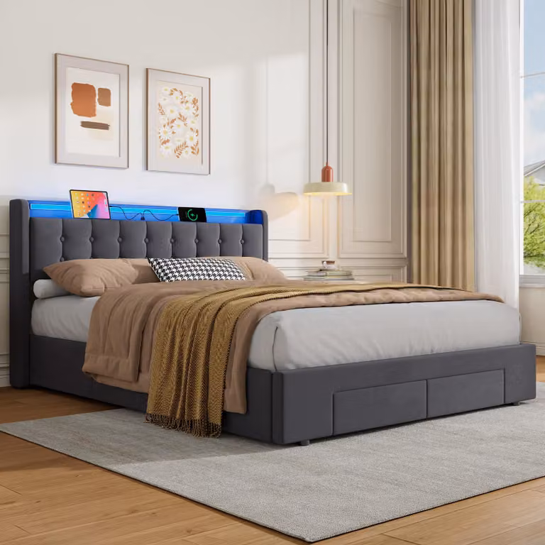 okwish Letto imbottito 160×200 con illuminazione a LED e prese elettriche, letto matrimoniale con prese elettriche e testiera contenitiva, grigio, materasso escluso