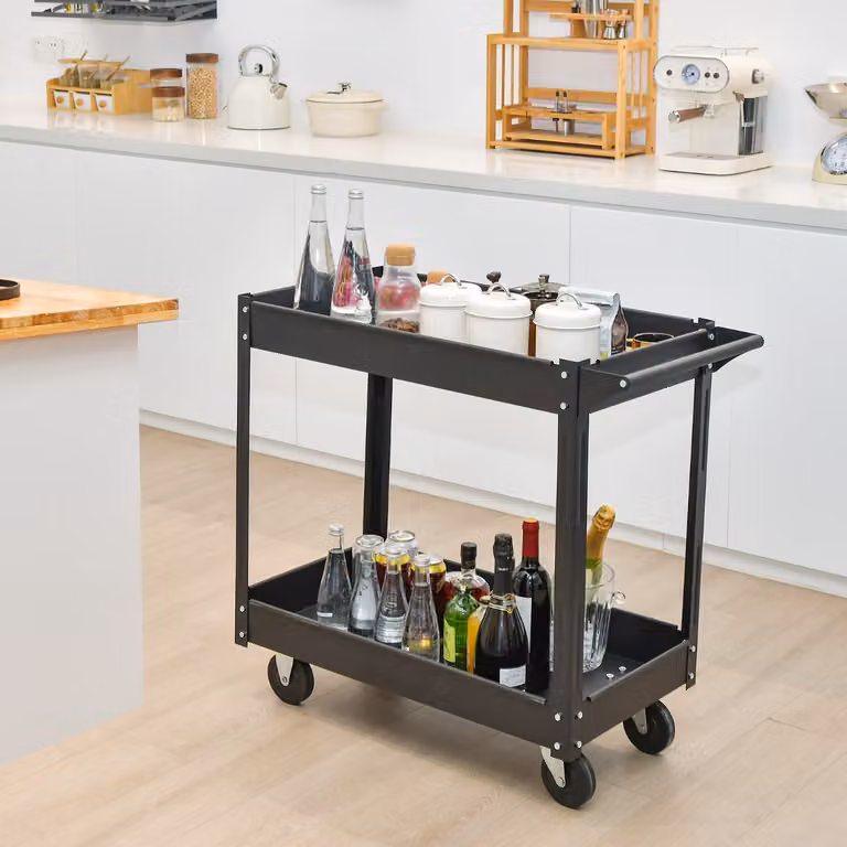Carrello multiuso a 2 piani Costway con maniglia e telaio in metallo, Nero