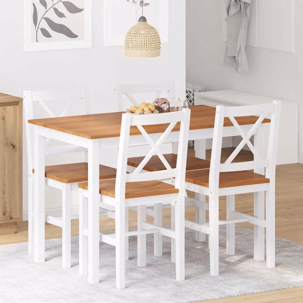 Set da pranzo moderno vidaXL in legno di pino composto da tavolo rettangolare e 4 sedie, Marrone e Bianco