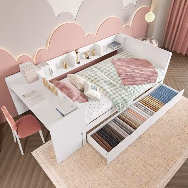 Letto singolo 90x200 con scrivania; due cassetti e tre scaffali; pino e truciolare; rosa e bianco