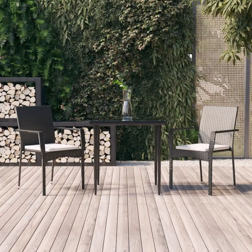 Set da pranzo da giardino vidaXL in polyrattan nero con cuscini e tavolo in vetro