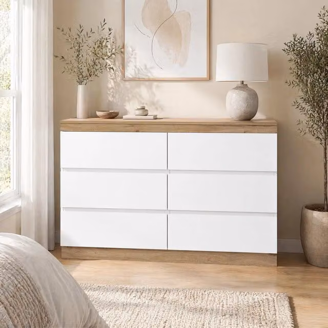 Desviae Comò con 6 cassetti e vano chiuso in truciolare e effetto quercia bianco per camera da letto e soggiorno