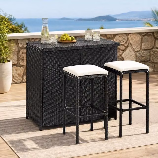 3-piece Bar Set, Poly Rattan, Black