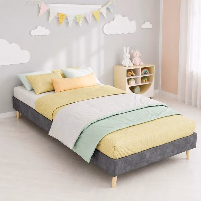 Struttura Letto Singolo WISHDOR in Tessuto e Metallo Grigio, Design Moderno Senza Testiera, L/P: 90 x 200 cm