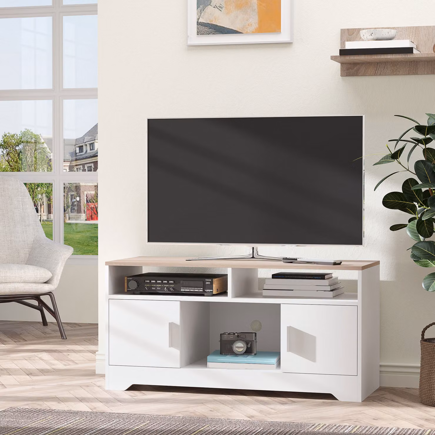 Mobile TV HOMCOM con 3 scomparti aperti e 2 armadietti, piano d'appoggio per TV fino a 42 pollici, Bianco e Legno, L 105 cm x P 40 cm x H 52 cm – 2