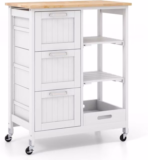Isola cucina con ruote bloccabili e piano in legno di gomma, carrello multiuso bianco con 2 ripiani rimovibili, H 83,5 x L 67,0 x P 37,0 cm