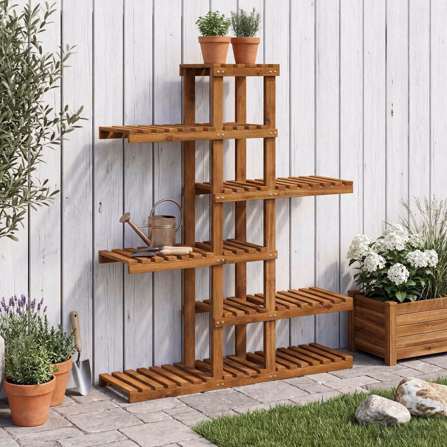 Supporto per piante vidaXL in legno di acacia naturale, moderno, L 93 cm x P 25 cm x H 114,5 cm
