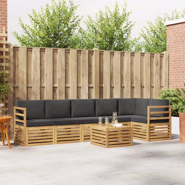 Set di divani da esterno vidaXL 7 pezzi in legno di acacia con cuscini bianchi e antracite in poliestere resistente ai raggi UV
