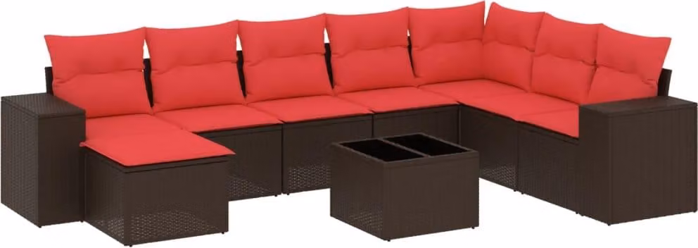 Set Divani da Giardino 9 pz con Cuscini Marrone in Polyrattan