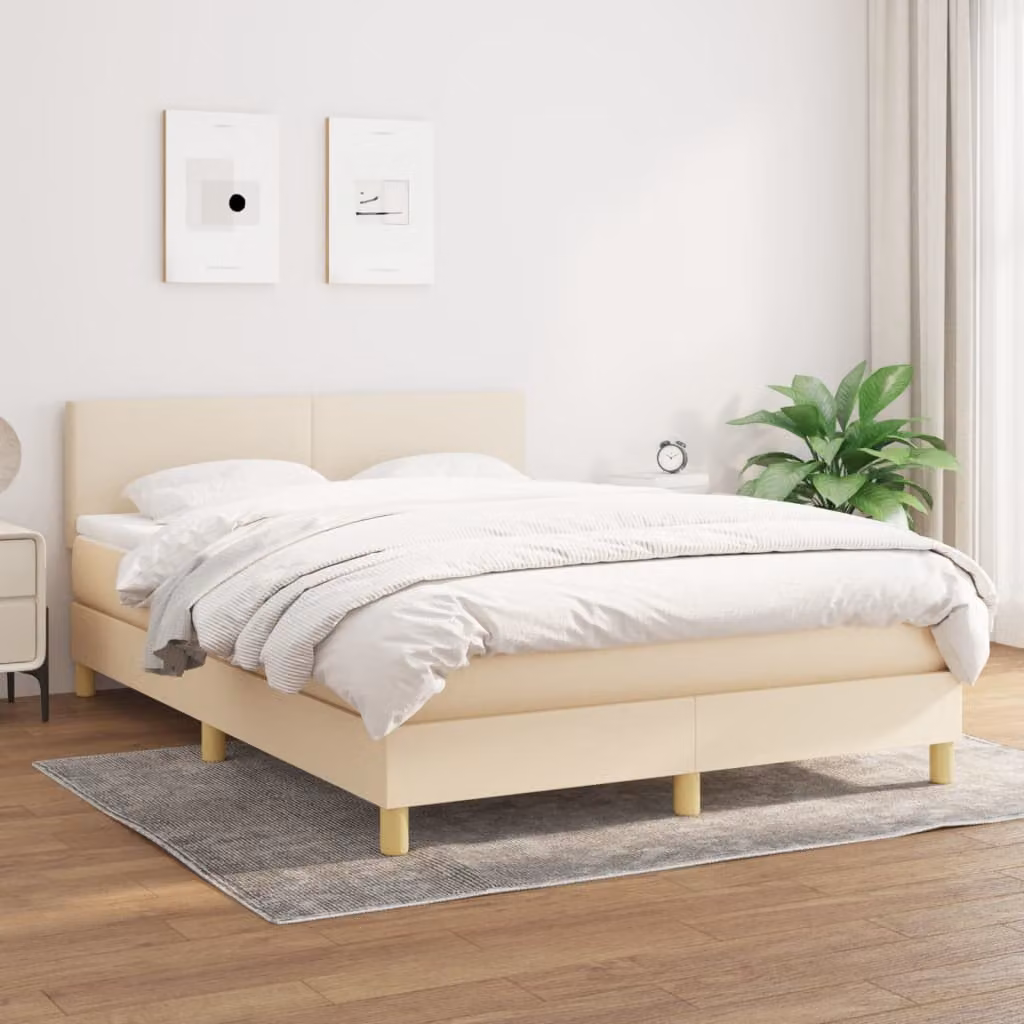 vidaXL Giroletto a Molle Ibrido con Materasso in Tessuto Beige e Bianco L/P/H: 140 x 200 x 88 cm – 1
