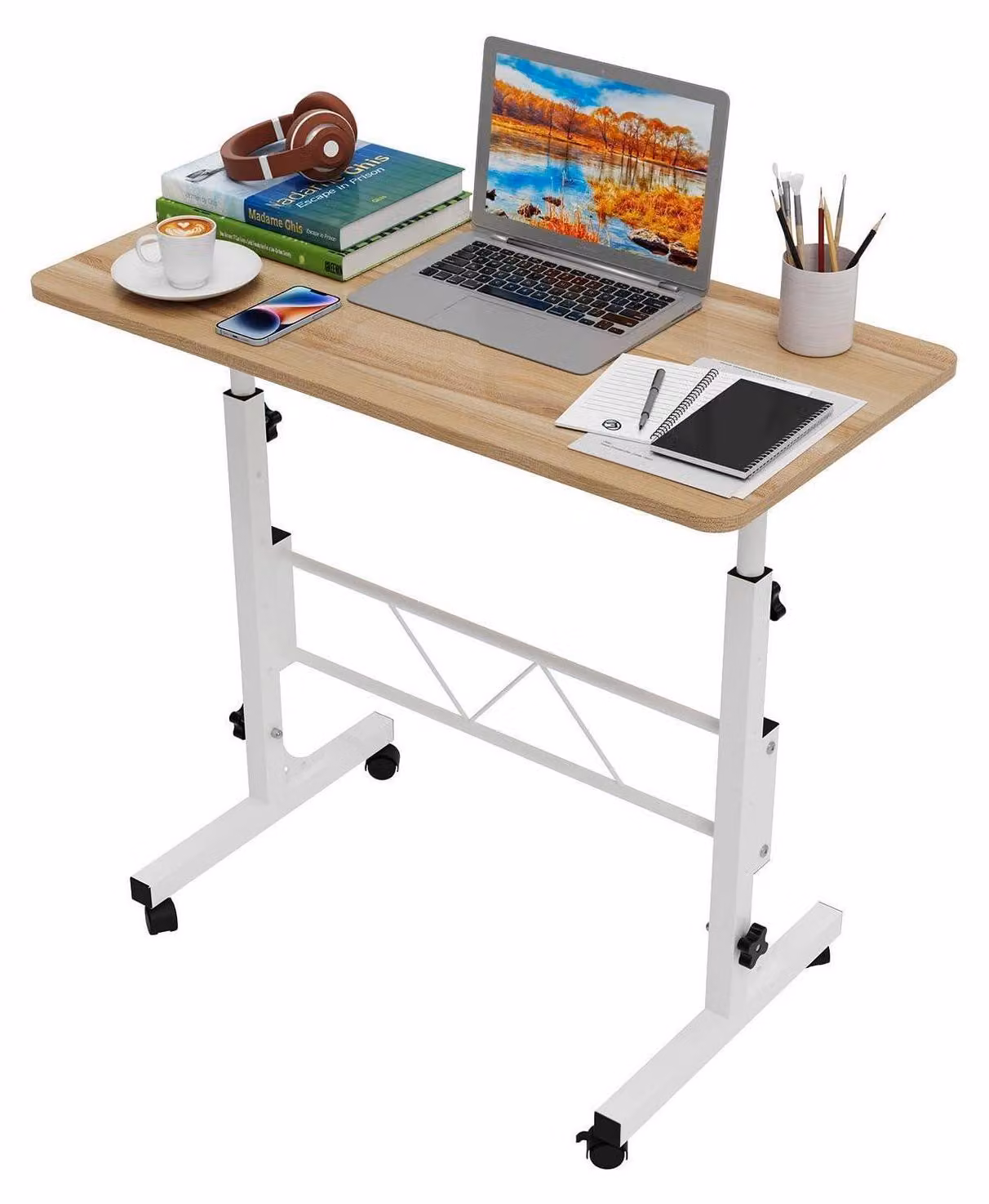 Tavolo per laptop con rotelle, regolabile in altezza da 69 a 110 cm, piano girevole a 360°, dimensioni 80x40 cm, in legno