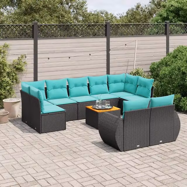 Set Divani da Giardino 10 pz con Cuscini Nero in Polyrattan 3225154