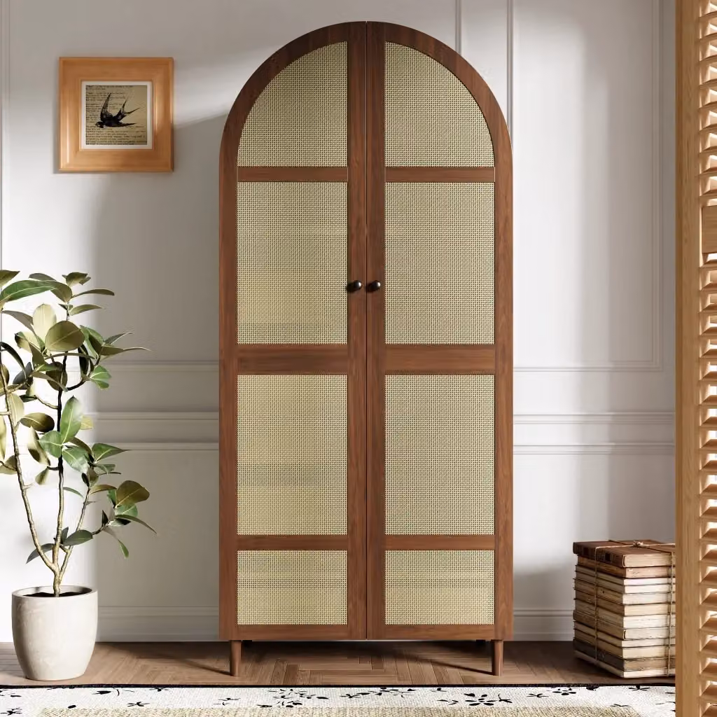 Armadio moderno WISHDOR con ante a battente e dettagli in rattan, colore marrone, con cassetti integrati, appendiabiti e ripiani interni, L: 179 cm, H: 80 cm, P: 50 cm – 2