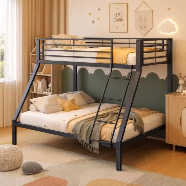 Letto a castello 90x200/140x200 cm in metallo nero con scala, salvaspazio –