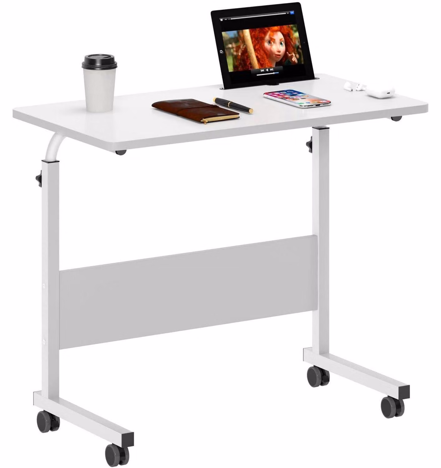 Scrivania per computer, tavolino per laptop, regolabile in altezza, con rotelle, dimensioni 80x40 cm, colore bianco perla