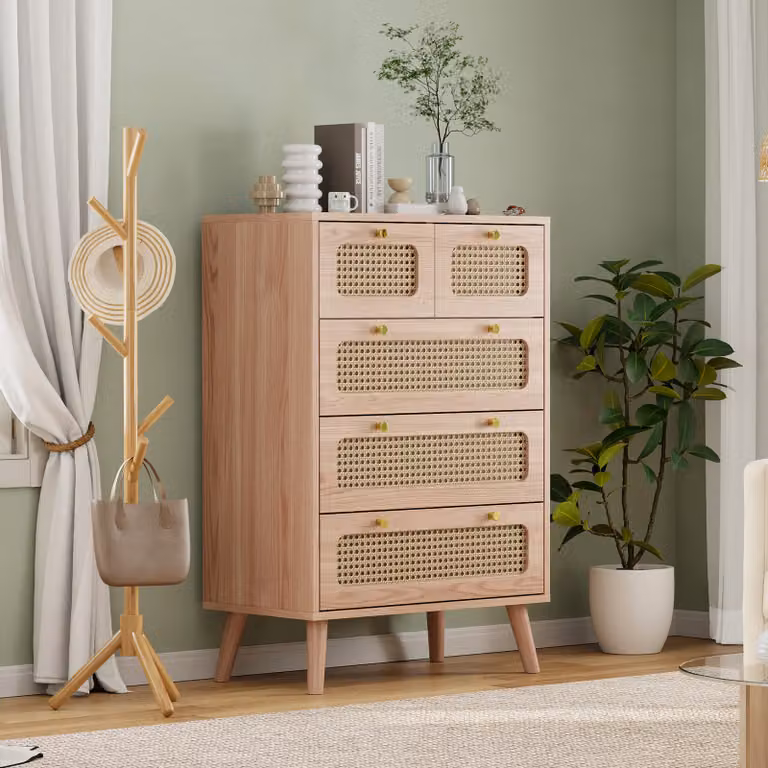 CDGlobal cassettiera con 5 cassetti in tessuto, cassettiera, mobile contenitore cassettiera alta in legno mobile credenza per camera da letto/soggiorno/disimpegno/camera dei bambini