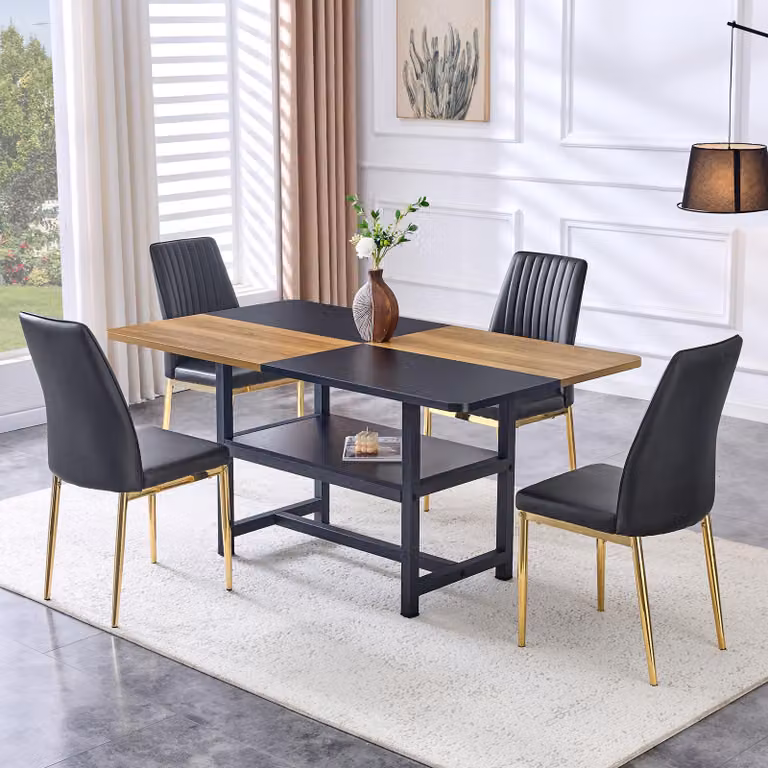 Set da pranzo STILVORA composto da un tavolo in vetro temperato del diametro di 85 cm, abbinato a un set di 4 sedie da pranzo nere in ecopelle di alta qualità, per sala da pranzo e cucina