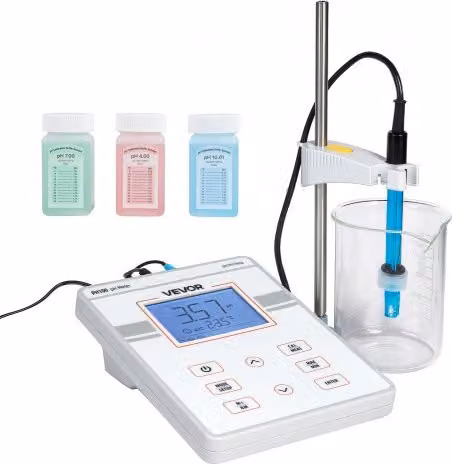VEVOR Kit pHmetro da Banco per Laboratorio con Display Retroilluminato, Intervallo pH 0-14, per Test Temperatura e Qualità Acqua, Bianco, Arancione e Grigio