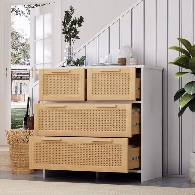 Cassettiera 80x38x80 cm naturale e bianca in MDF, 4 cassetti in rattan