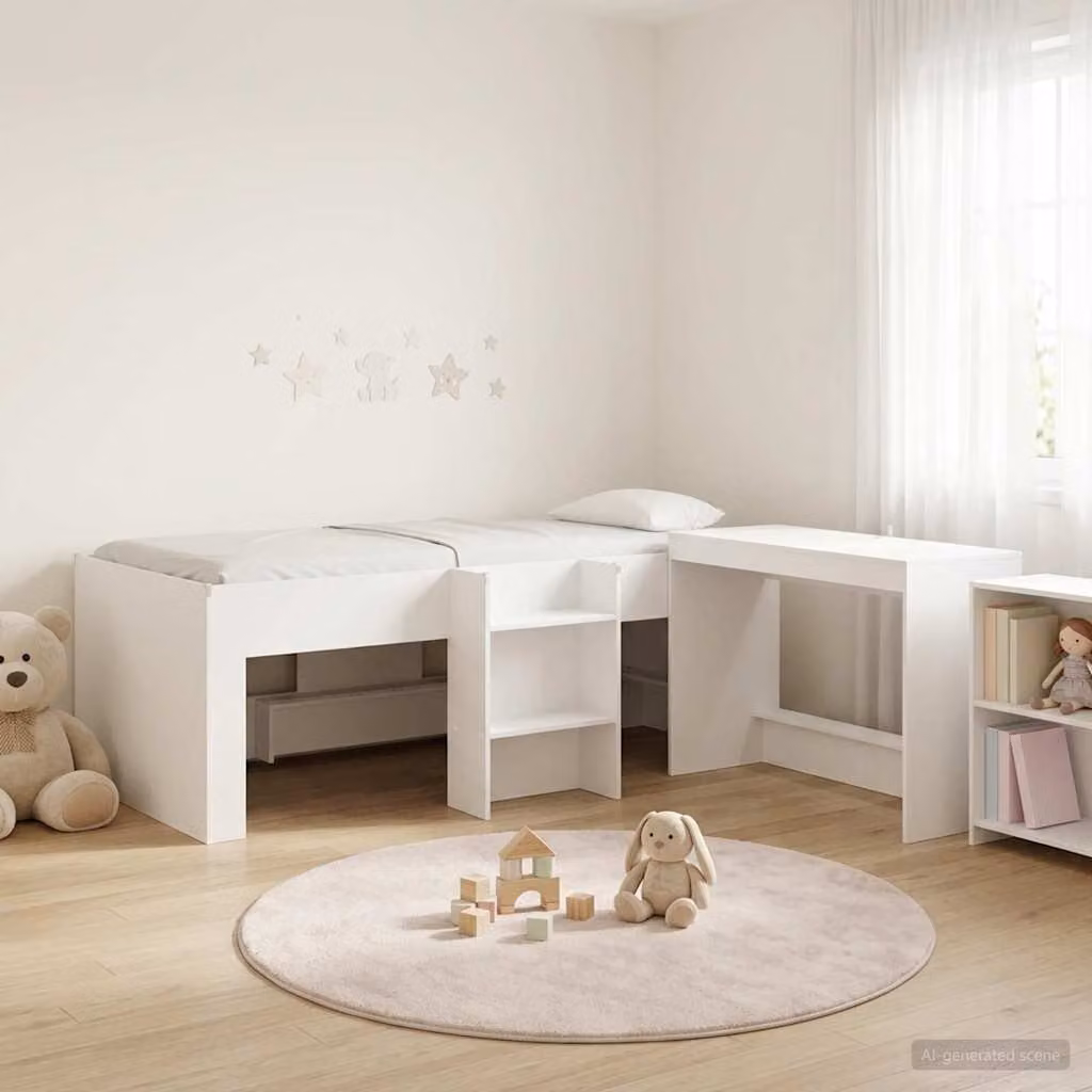 vidaXL Struttura Letto Singolo Rialzato con Scrivania e Scompartimenti Laterali in Legno MDF Bianco L: 203 cm, P: 120 cm, H: 111 cm
