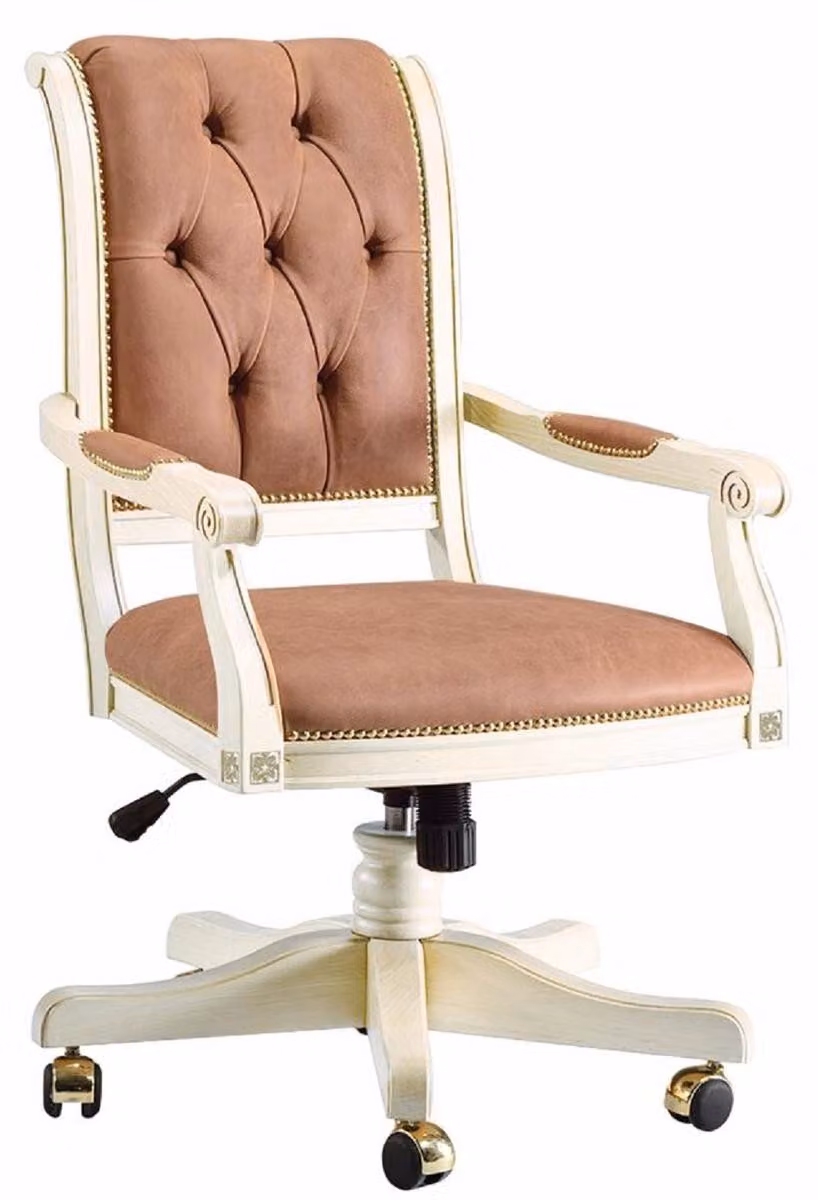 Casa Padrino Luxury Baroque Chesterfield Desk Chair Light Brown / White / Gold - Sedia da ufficio in stile barocco regolabile in altezza - Mobili da ufficio in stile barocco - Qualità eccellente - Italy