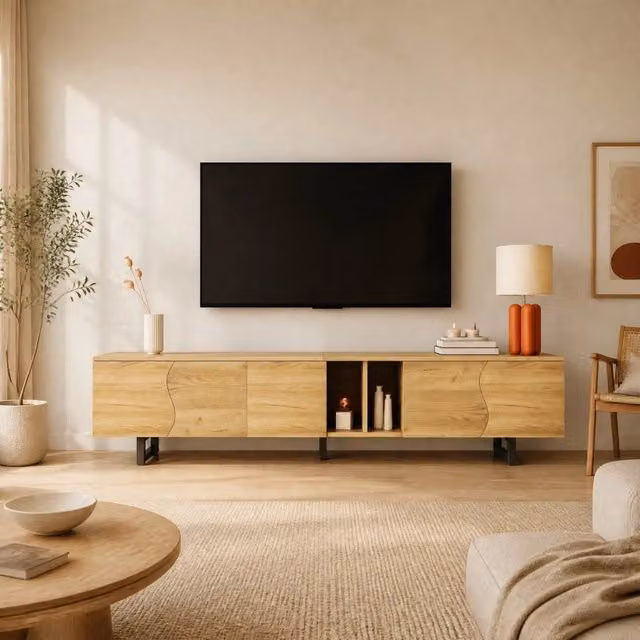 Mobile TV moderno MODFU in legno beige e marrone con vani aperti e chiusi L: 191 cm, P: 38 cm, H: 46,5 cm
