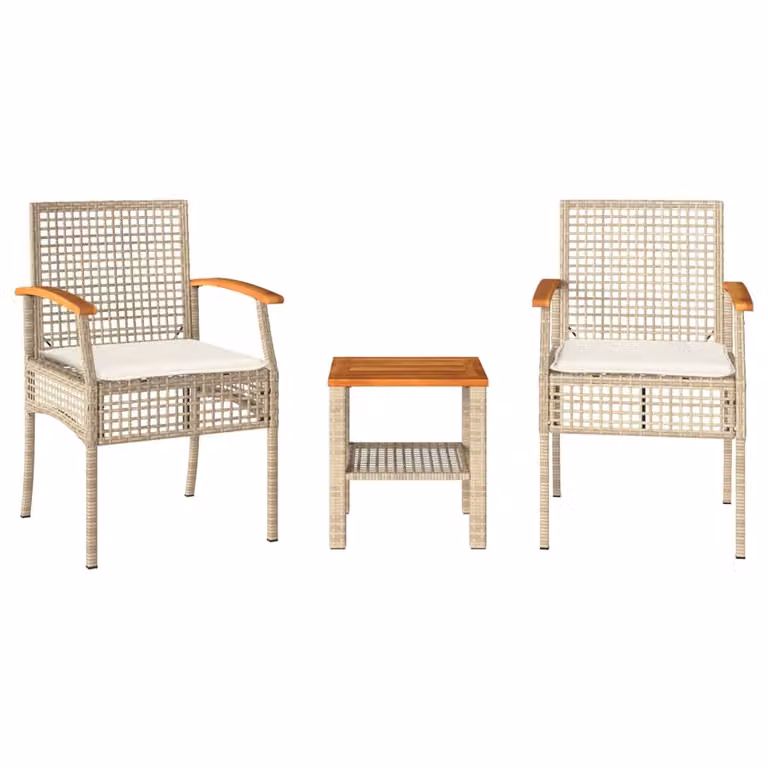 Set esclusivo per esterni - Set bistro da 3 pezzi con cuscini, in rattan sintetico beige e legno di acacia