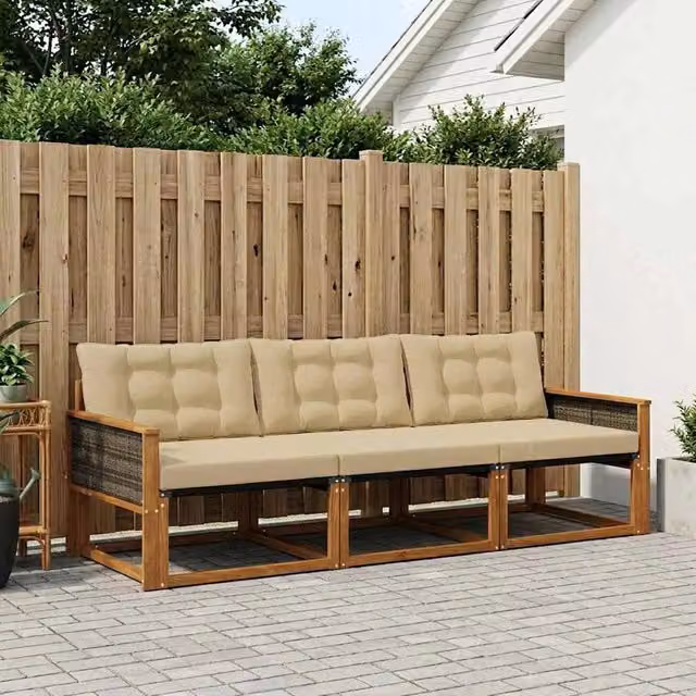 Set di divani da esterno 3 pezzi vidaXL in legno di acacia e textilene, colore marrone e beige con cuscini inclusi