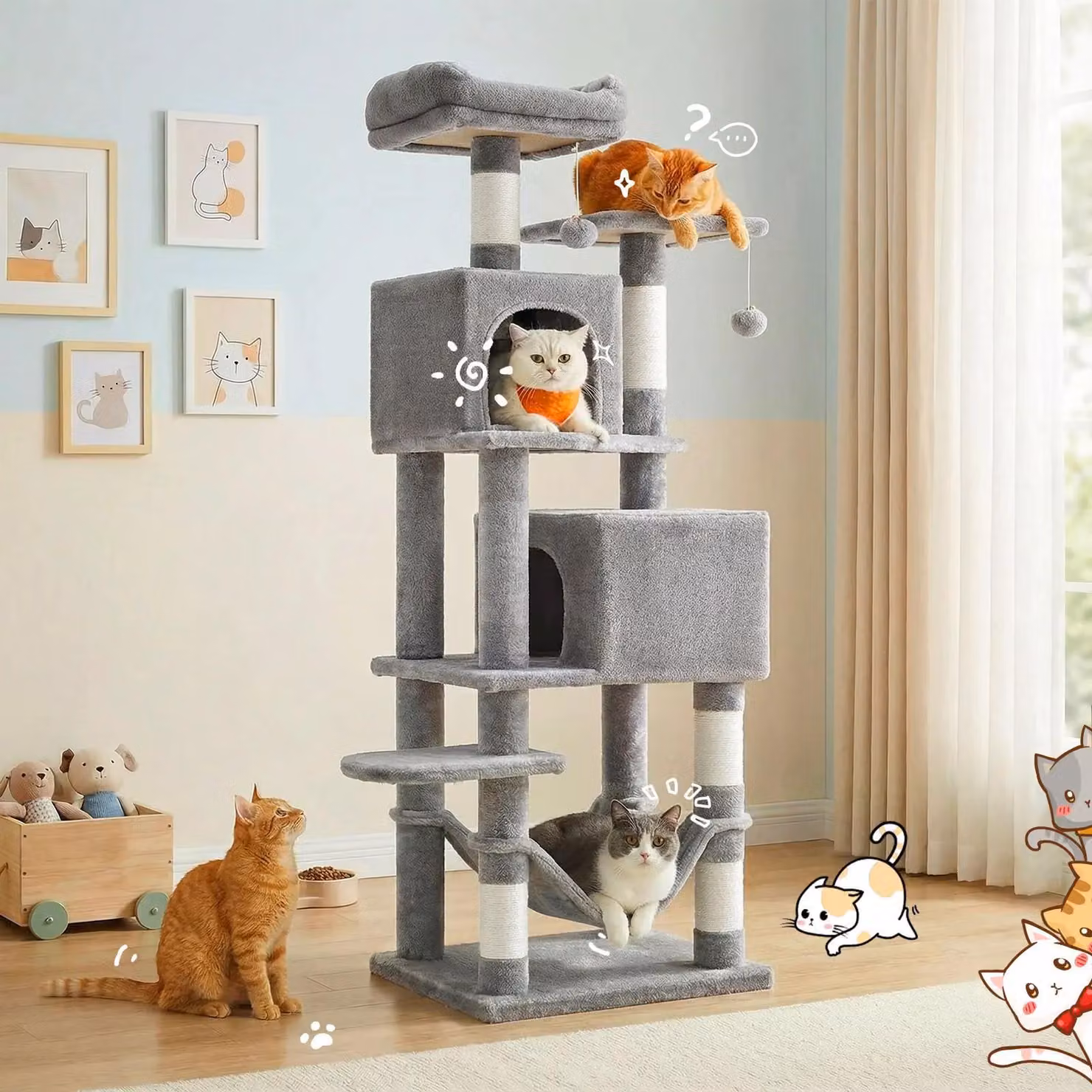 Katzenbaum – Albero per gatti da interno – Altezza 165 cm – 5 livelli – Pali in sisal – Amaca, rifugi e giocattoli – Grigio
