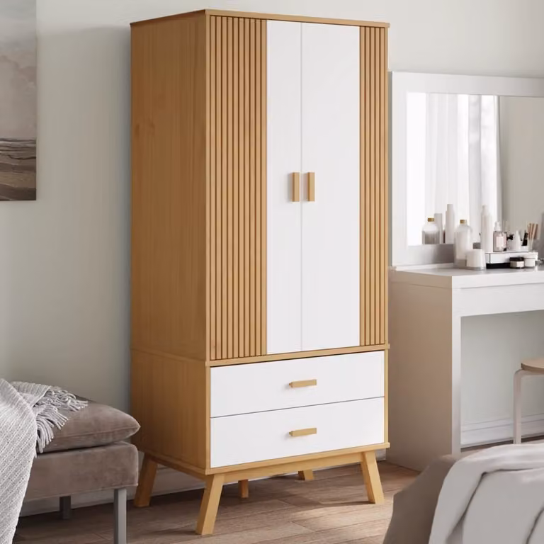 Armadio OLDEN vidaXL in legno di pino massello bianco e marrone con cassetti integrati L: 76,5 cm, P: 53 cm, H: 172 cm