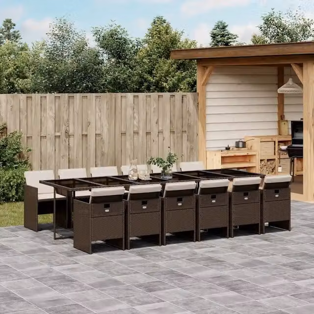 Set da pranzo da giardino vidaXL in polyrattan marrone e bianco con 13 pezzi e cuscini