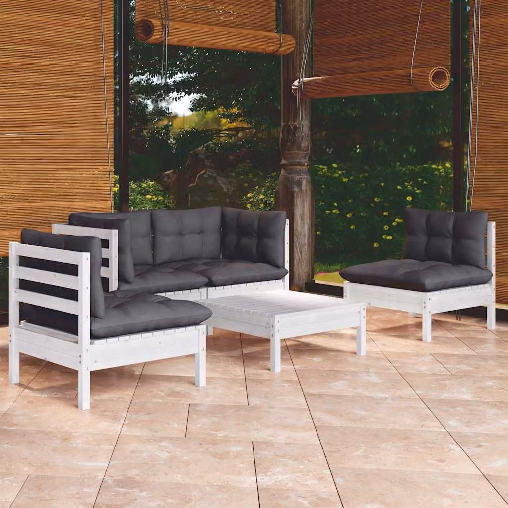 Set Salotto da Giardino vidaXL a Forma a L in Legno di Pino con Cuscini Imbottiti Antracite o Bianco