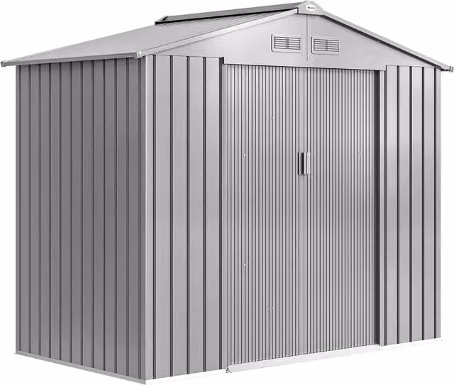 Casetta da giardino Outsunny grigia con kit fondazione e porta richiudibile, superficie 2,5 m²