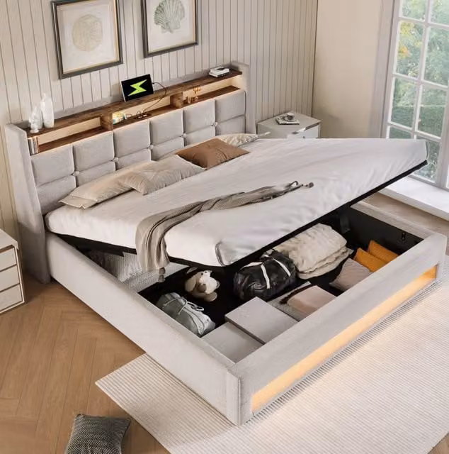 Letto matrimoniale MODFU beige con base contenitore a sollevamento, illuminazione LED sottostante, porta USB e mensola integrata, L/P: 140 x 200 cm