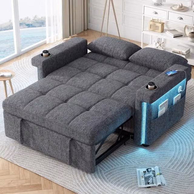 Divano letto MIVRAY a 2 posti in tessuto grigio con funzione letto e design moderno per soggiorno L: 145 cm, P: 90 cm, H: 76 cm