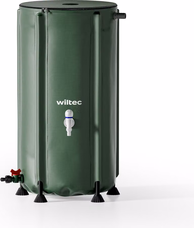 Barile per la pioggia pieghevole Wiltec da 100 l con coperchio, barile per la pioggia in PVC da 620 g/m², serbatoio per l'acqua piovana con rubinetto, serbatoio per l'acqua da giardino con attacco per il tubo flessibile