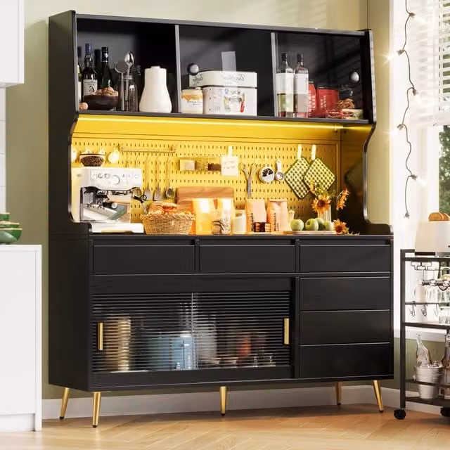 Mobile contenitore moderno con ante scorrevoli in vetro, MDF e metallo nero con illuminazione LED controllabile via app, L: 145 cm, P: 39 cm, H: 171 cm – 1