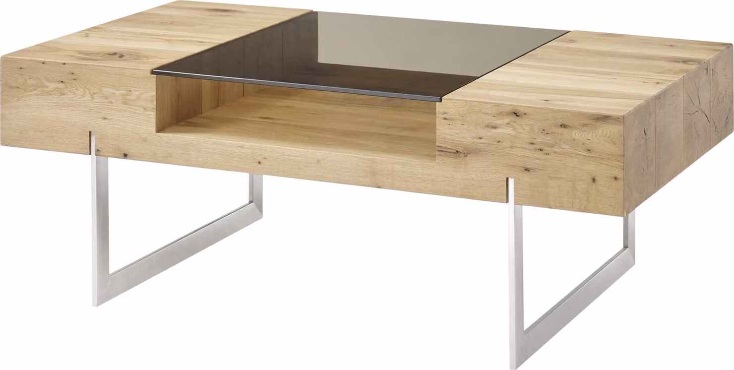 Tavolino da salotto >REWA< in rovere nodato impiallacciato / vetro / metallo - 110x40x60 (LxHxP)