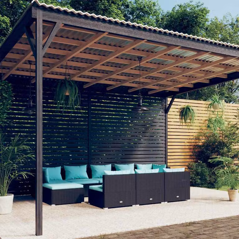vidaXL Set Divani da Giardino 10 Pezzi in Polyrattan Nero con Cuscini Blu e Coperture Rimovibili