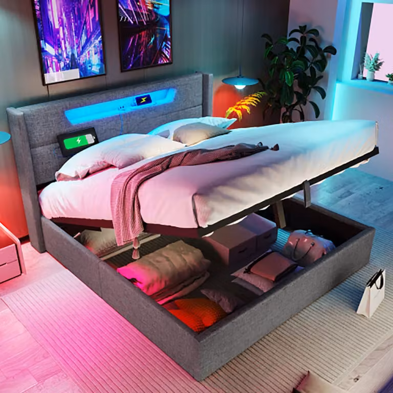 Letto imbottito Sweiko 160x200cm Letto matrimoniale a LED con funzione di ricarica USB tipo C, letto contenitore Struttura del letto in materiale di lino letto per ragazzi (senza materasso)