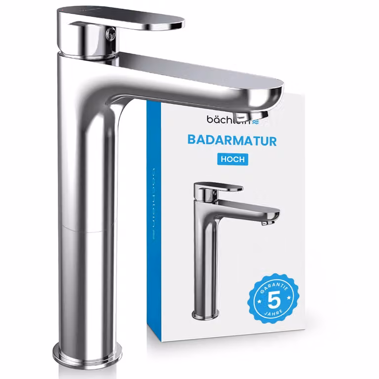 Rubinetto da bagno alto Bächlein dal design classico, miscelatore monocomando extra alto per lavabo da appoggio con set di installazione, rubinetto da bagno cromato