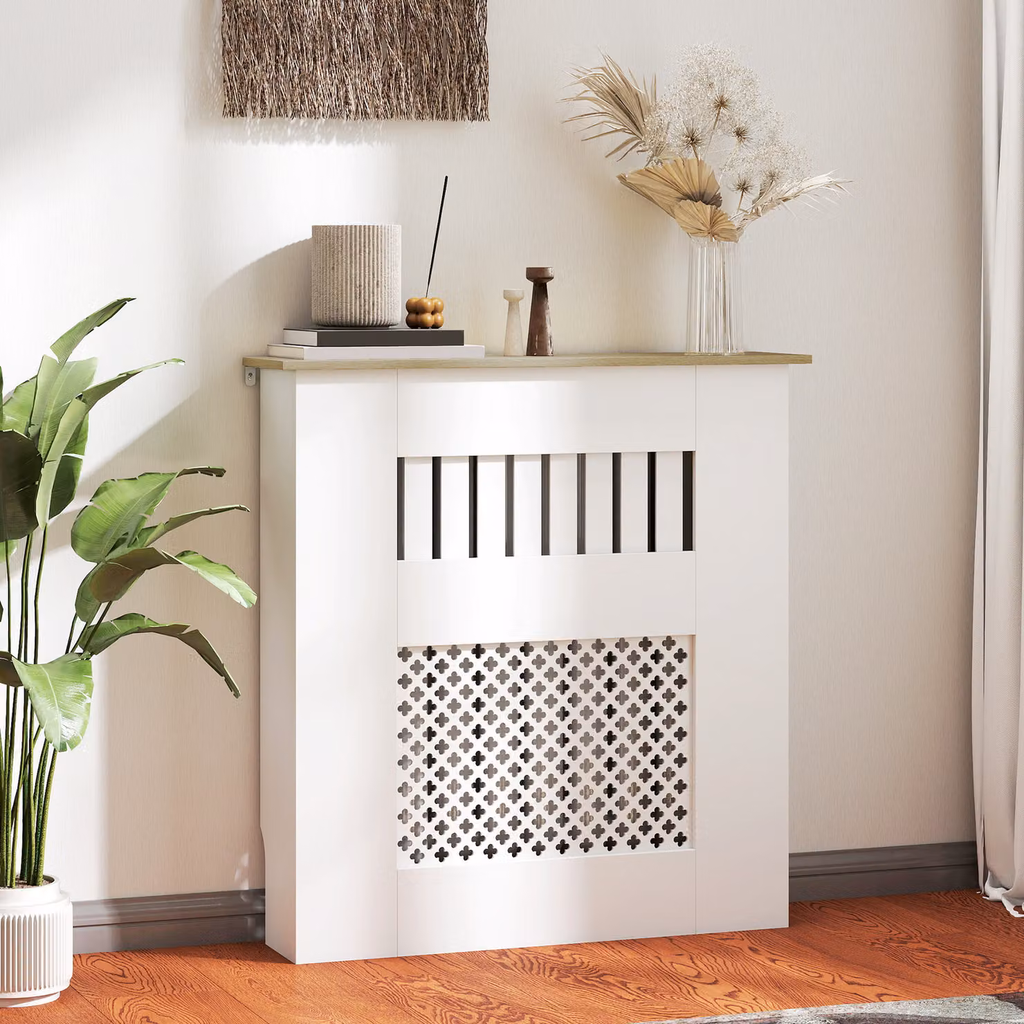 Copritermosifone HOMCOM con doghe e decorazione a nido d'ape, Bianco, L: 78 cm, P: 19 cm, H: 81 cm – 2